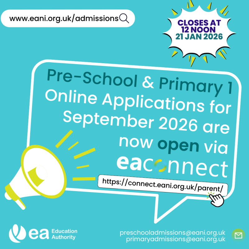 Online applications for a Pre-School or Primary 1 place for September 2026 are now open via EA Connect.
